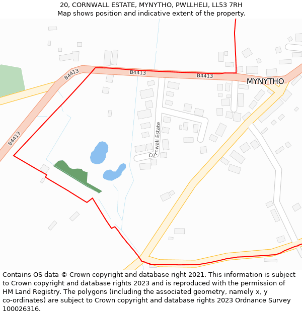 20, CORNWALL ESTATE, MYNYTHO, PWLLHELI, LL53 7RH: Location map and indicative extent of plot