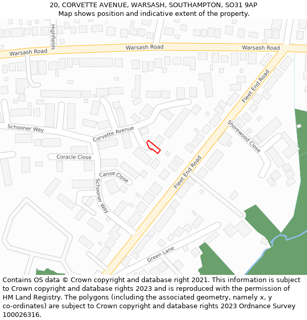 20, CORVETTE AVENUE, WARSASH, SOUTHAMPTON, SO31 9AP: Location map and indicative extent of plot