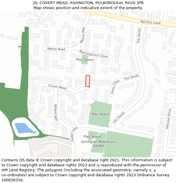 20, COVERT MEAD, ASHINGTON, PULBOROUGH, RH20 3PR: Location map and indicative extent of plot