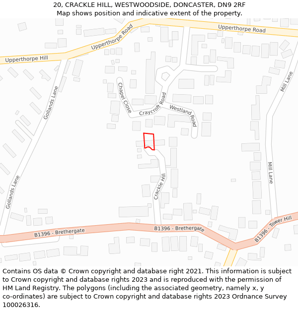 20, CRACKLE HILL, WESTWOODSIDE, DONCASTER, DN9 2RF: Location map and indicative extent of plot