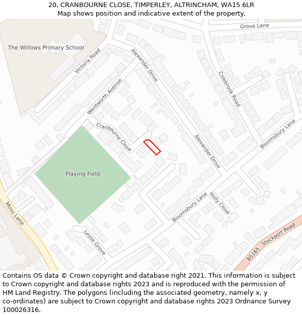 20, CRANBOURNE CLOSE, TIMPERLEY, ALTRINCHAM, WA15 6LR: Location map and indicative extent of plot