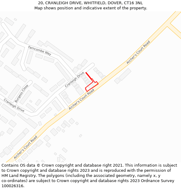 20, CRANLEIGH DRIVE, WHITFIELD, DOVER, CT16 3NL: Location map and indicative extent of plot