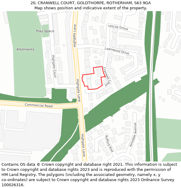 20, CRANWELL COURT, GOLDTHORPE, ROTHERHAM, S63 9GA: Location map and indicative extent of plot