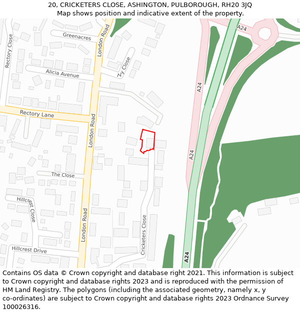 20, CRICKETERS CLOSE, ASHINGTON, PULBOROUGH, RH20 3JQ: Location map and indicative extent of plot