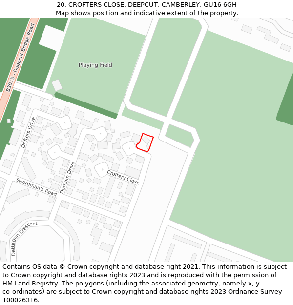 20, CROFTERS CLOSE, DEEPCUT, CAMBERLEY, GU16 6GH: Location map and indicative extent of plot