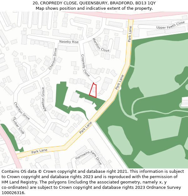 20, CROPREDY CLOSE, QUEENSBURY, BRADFORD, BD13 1QY: Location map and indicative extent of plot