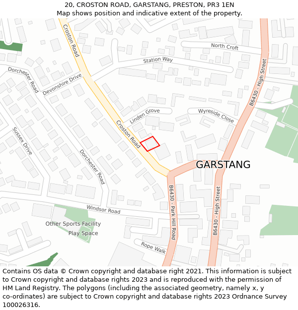 20, CROSTON ROAD, GARSTANG, PRESTON, PR3 1EN: Location map and indicative extent of plot
