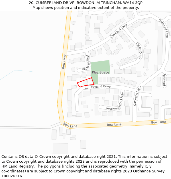 20, CUMBERLAND DRIVE, BOWDON, ALTRINCHAM, WA14 3QP: Location map and indicative extent of plot