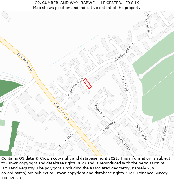 20, CUMBERLAND WAY, BARWELL, LEICESTER, LE9 8HX: Location map and indicative extent of plot