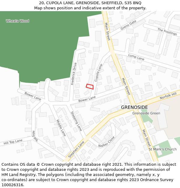 20, CUPOLA LANE, GRENOSIDE, SHEFFIELD, S35 8NQ: Location map and indicative extent of plot