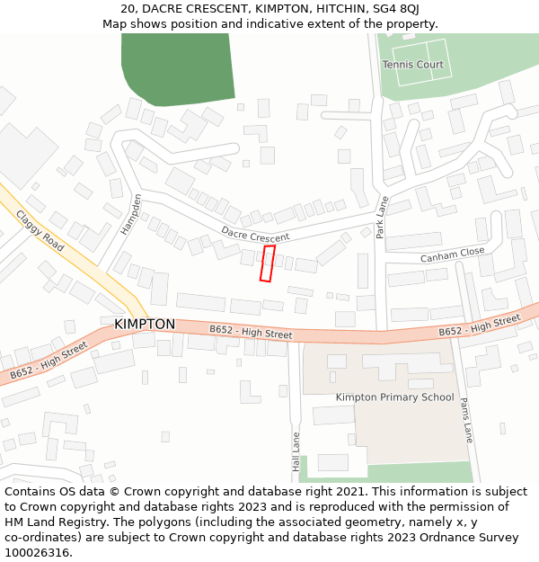 20, DACRE CRESCENT, KIMPTON, HITCHIN, SG4 8QJ: Location map and indicative extent of plot