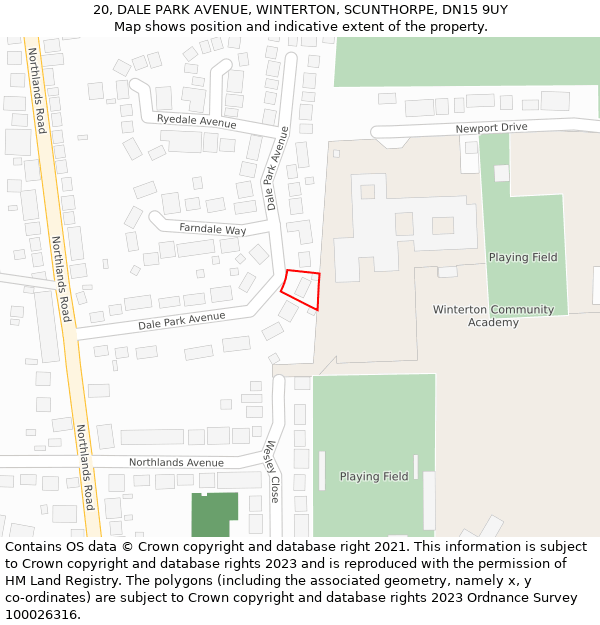 20, DALE PARK AVENUE, WINTERTON, SCUNTHORPE, DN15 9UY: Location map and indicative extent of plot