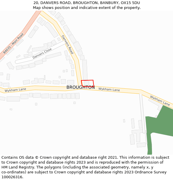 20, DANVERS ROAD, BROUGHTON, BANBURY, OX15 5DU: Location map and indicative extent of plot