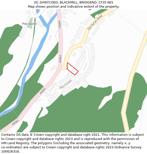 20, DANYCOED, BLACKMILL, BRIDGEND, CF35 6ES: Location map and indicative extent of plot
