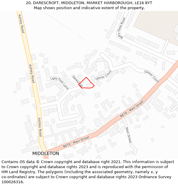 20, DARESCROFT, MIDDLETON, MARKET HARBOROUGH, LE16 8YT: Location map and indicative extent of plot