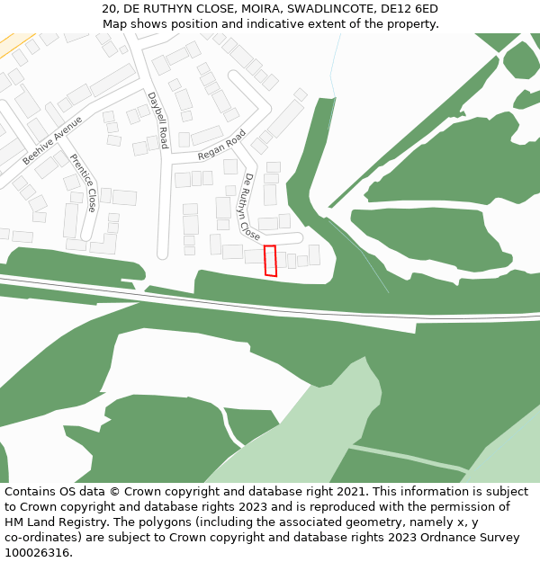 20, DE RUTHYN CLOSE, MOIRA, SWADLINCOTE, DE12 6ED: Location map and indicative extent of plot