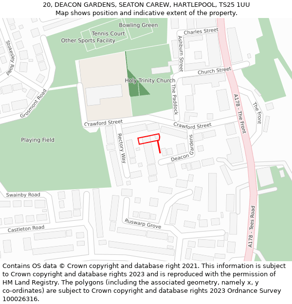 20, DEACON GARDENS, SEATON CAREW, HARTLEPOOL, TS25 1UU: Location map and indicative extent of plot