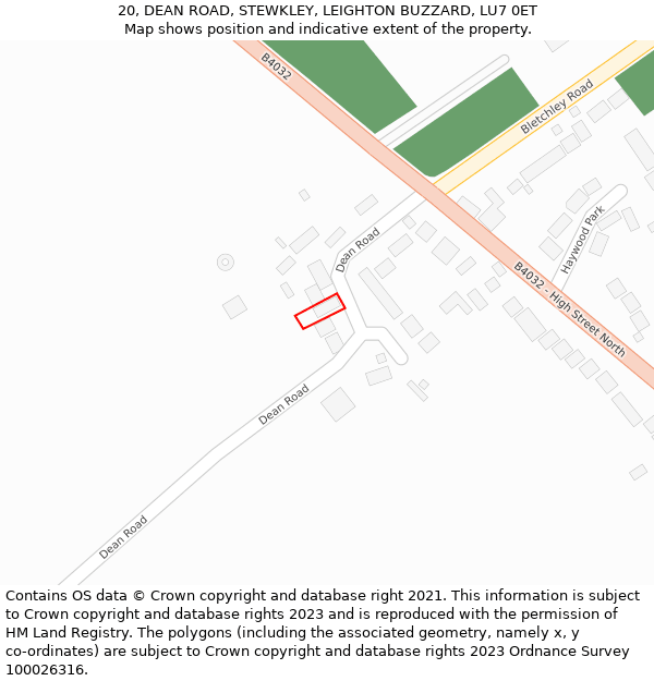 20, DEAN ROAD, STEWKLEY, LEIGHTON BUZZARD, LU7 0ET: Location map and indicative extent of plot