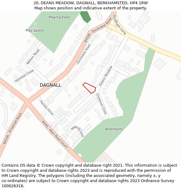 20, DEANS MEADOW, DAGNALL, BERKHAMSTED, HP4 1RW: Location map and indicative extent of plot