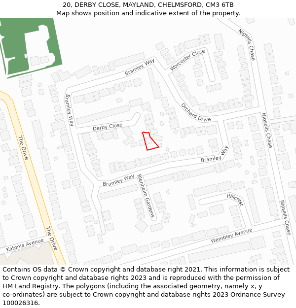 20, DERBY CLOSE, MAYLAND, CHELMSFORD, CM3 6TB: Location map and indicative extent of plot