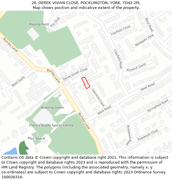 20, DEREK VIVIAN CLOSE, POCKLINGTON, YORK, YO42 2PL: Location map and indicative extent of plot