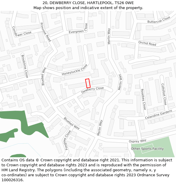 20, DEWBERRY CLOSE, HARTLEPOOL, TS26 0WE: Location map and indicative extent of plot