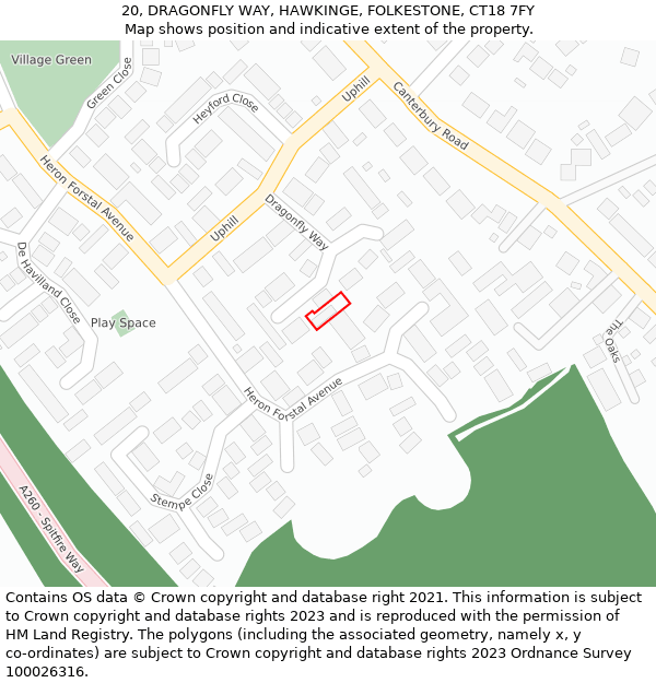 20, DRAGONFLY WAY, HAWKINGE, FOLKESTONE, CT18 7FY: Location map and indicative extent of plot