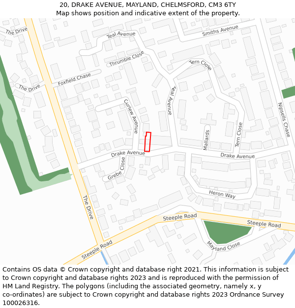 20, DRAKE AVENUE, MAYLAND, CHELMSFORD, CM3 6TY: Location map and indicative extent of plot