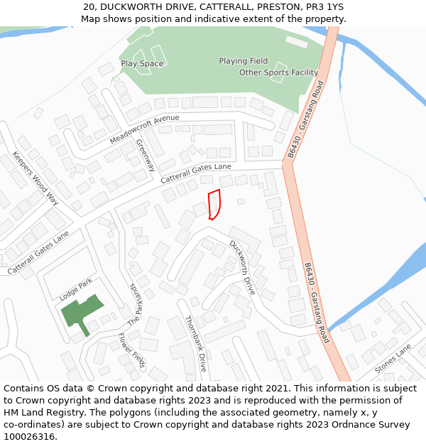 20, DUCKWORTH DRIVE, CATTERALL, PRESTON, PR3 1YS: Location map and indicative extent of plot