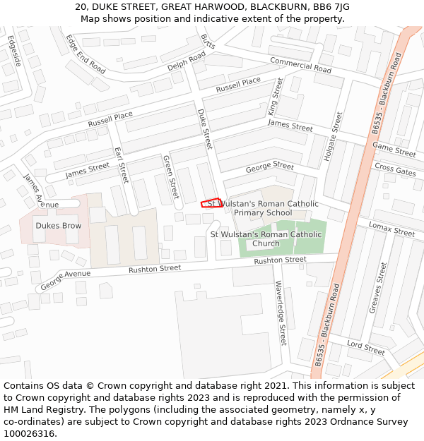 20, DUKE STREET, GREAT HARWOOD, BLACKBURN, BB6 7JG: Location map and indicative extent of plot