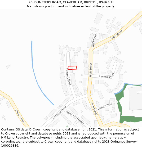 20, DUNSTERS ROAD, CLAVERHAM, BRISTOL, BS49 4LU: Location map and indicative extent of plot