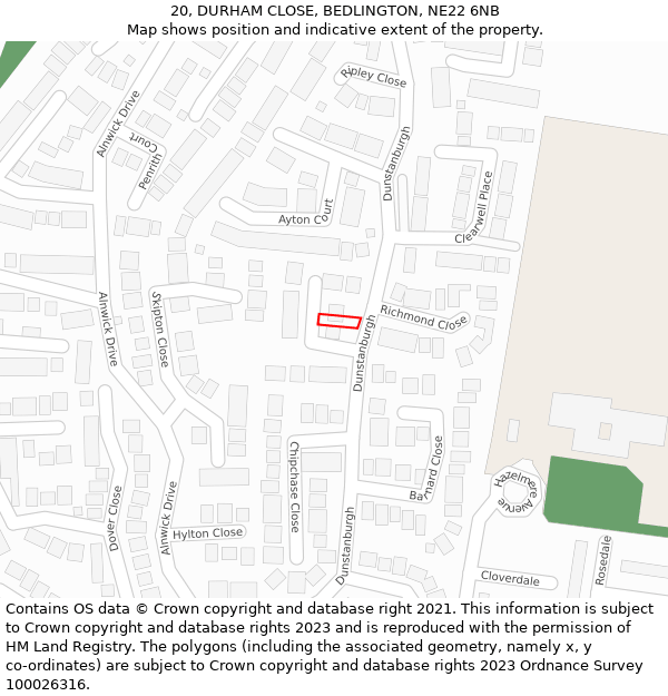 20, DURHAM CLOSE, BEDLINGTON, NE22 6NB: Location map and indicative extent of plot