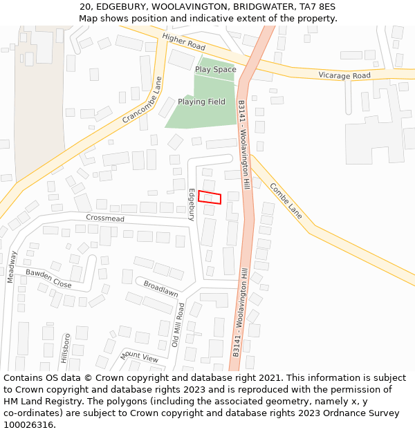 20, EDGEBURY, WOOLAVINGTON, BRIDGWATER, TA7 8ES: Location map and indicative extent of plot