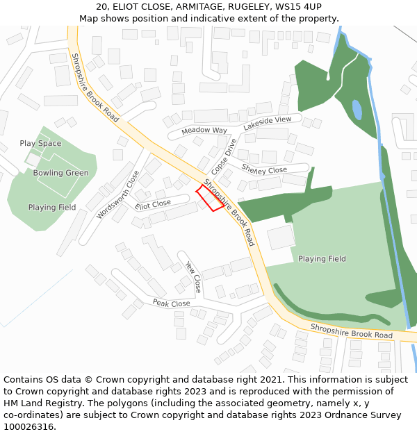 20, ELIOT CLOSE, ARMITAGE, RUGELEY, WS15 4UP: Location map and indicative extent of plot