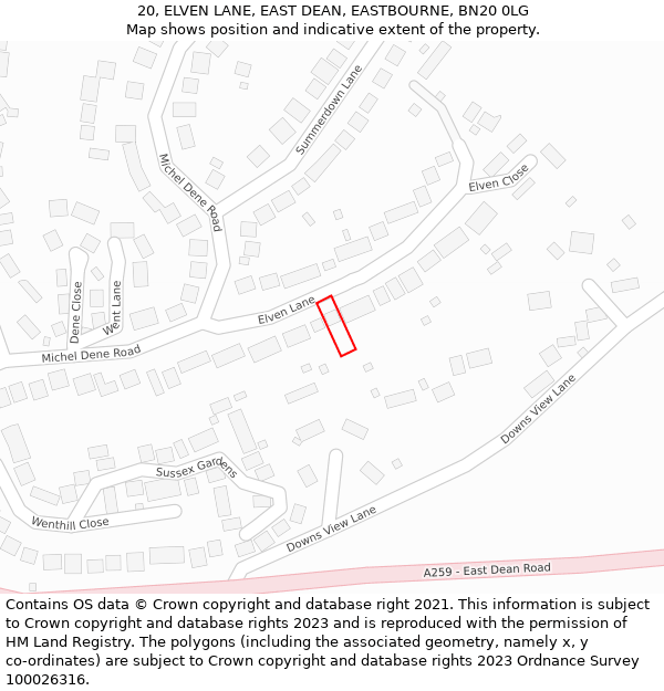 20, ELVEN LANE, EAST DEAN, EASTBOURNE, BN20 0LG: Location map and indicative extent of plot