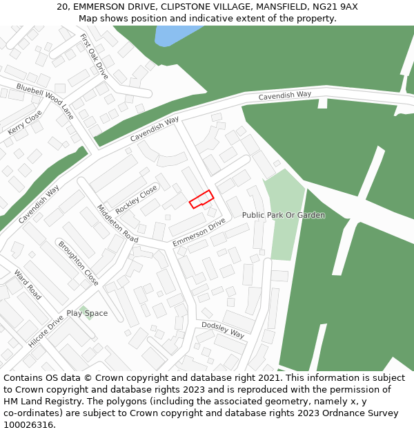 20, EMMERSON DRIVE, CLIPSTONE VILLAGE, MANSFIELD, NG21 9AX: Location map and indicative extent of plot