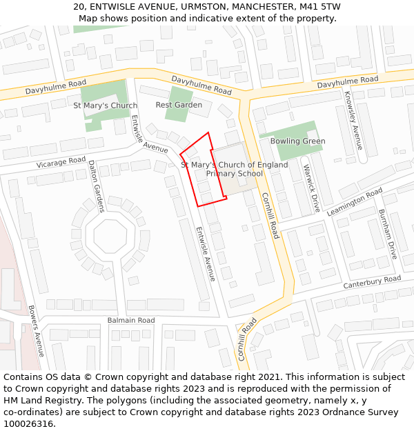 20, ENTWISLE AVENUE, URMSTON, MANCHESTER, M41 5TW: Location map and indicative extent of plot