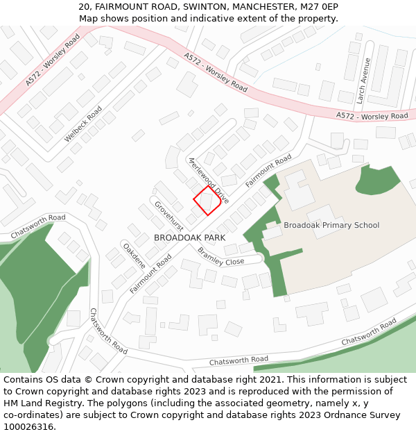20, FAIRMOUNT ROAD, SWINTON, MANCHESTER, M27 0EP: Location map and indicative extent of plot