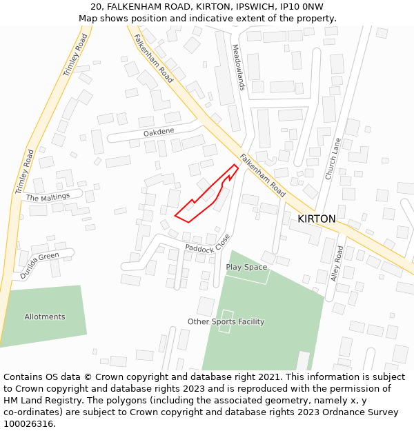 20, FALKENHAM ROAD, KIRTON, IPSWICH, IP10 0NW: Location map and indicative extent of plot