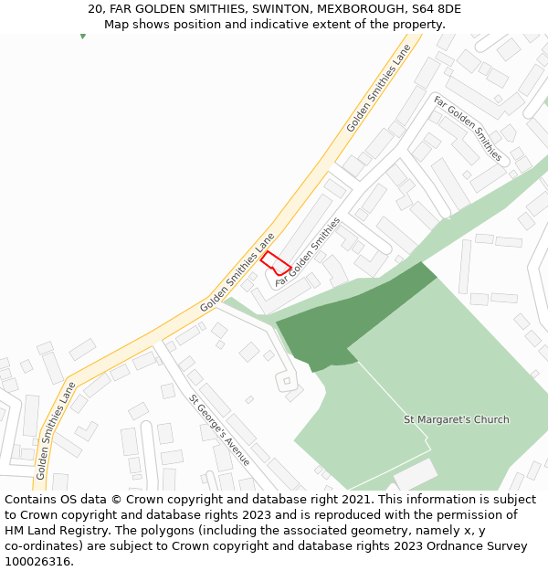 20, FAR GOLDEN SMITHIES, SWINTON, MEXBOROUGH, S64 8DE: Location map and indicative extent of plot