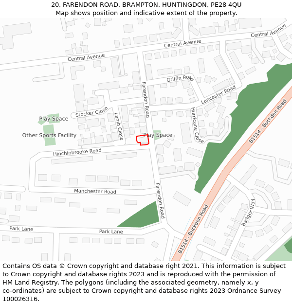 20, FARENDON ROAD, BRAMPTON, HUNTINGDON, PE28 4QU: Location map and indicative extent of plot