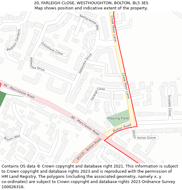 20, FARLEIGH CLOSE, WESTHOUGHTON, BOLTON, BL5 3ES: Location map and indicative extent of plot