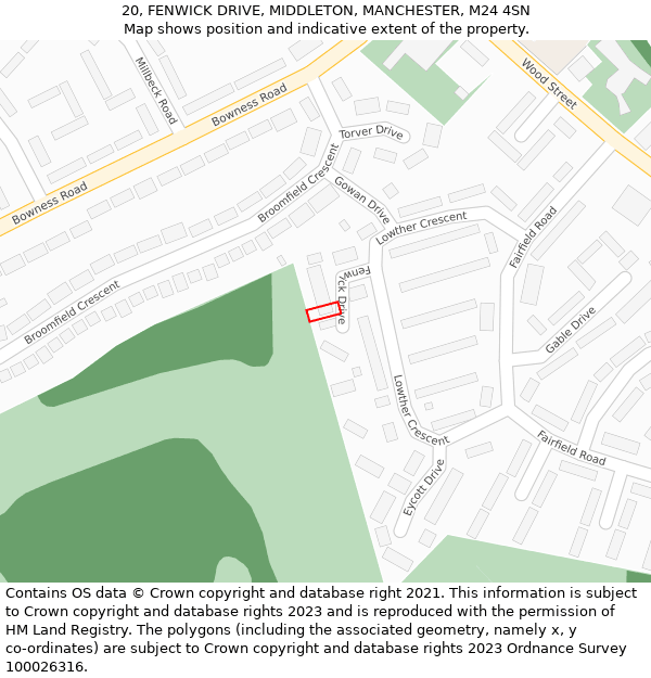 20, FENWICK DRIVE, MIDDLETON, MANCHESTER, M24 4SN: Location map and indicative extent of plot