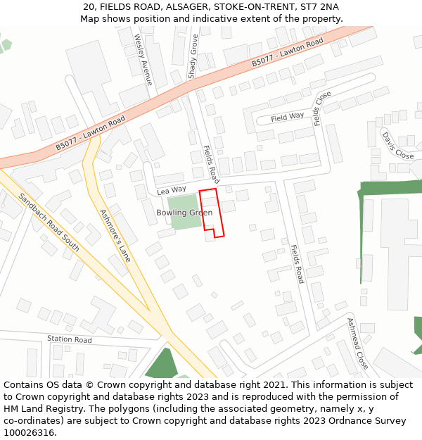 20, FIELDS ROAD, ALSAGER, STOKE-ON-TRENT, ST7 2NA: Location map and indicative extent of plot