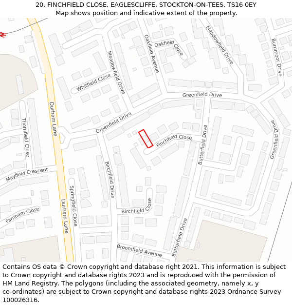 20, FINCHFIELD CLOSE, EAGLESCLIFFE, STOCKTON-ON-TEES, TS16 0EY: Location map and indicative extent of plot