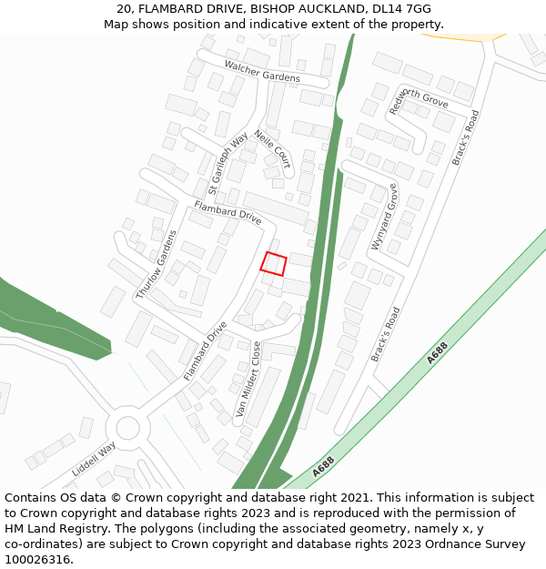 20, FLAMBARD DRIVE, BISHOP AUCKLAND, DL14 7GG: Location map and indicative extent of plot