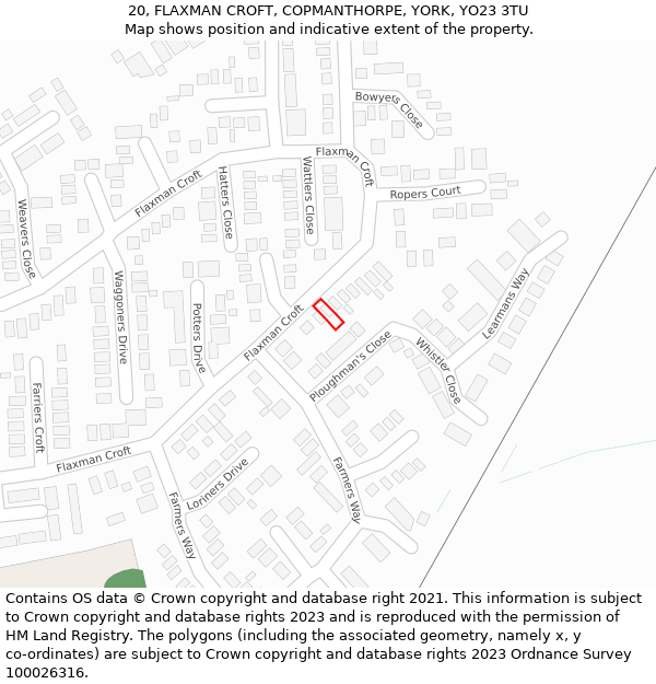 20, FLAXMAN CROFT, COPMANTHORPE, YORK, YO23 3TU: Location map and indicative extent of plot