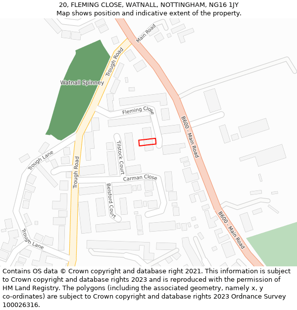 20, FLEMING CLOSE, WATNALL, NOTTINGHAM, NG16 1JY: Location map and indicative extent of plot