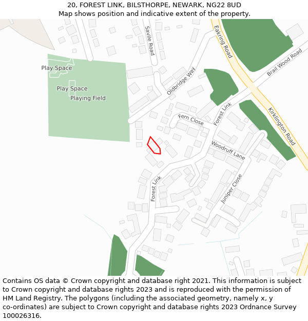 20, FOREST LINK, BILSTHORPE, NEWARK, NG22 8UD: Location map and indicative extent of plot