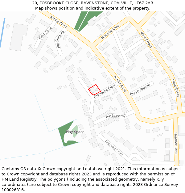 20, FOSBROOKE CLOSE, RAVENSTONE, COALVILLE, LE67 2AB: Location map and indicative extent of plot